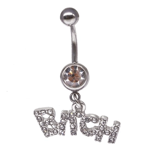 Silver belly button ring with crystal studs and sparkling Bitch letter pendant