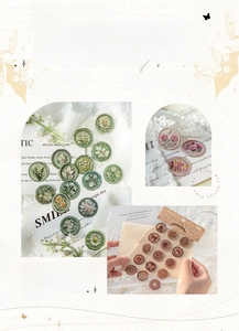 Detailed view of floral wax seal stickers with 3D resin texture in vintage style