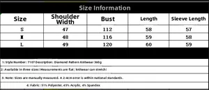 Size guide table for women's argyle knit sweater showing S, M, L dimensions and fabric details