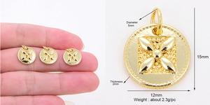 Macro detail of round gold textured charm with 12mm diameter and technical dimensions