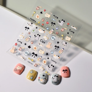 3D embossed nail art stickers featuring cute cats and coffee motifs on long nails
