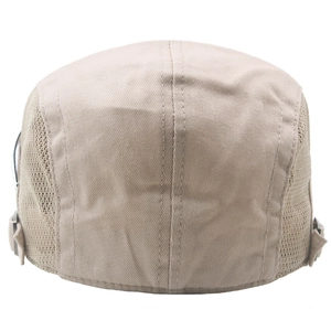 Men's mesh newsboy cap in khaki, featuring breathable panels and adjustable metal buckle