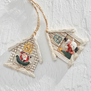 Christmas Santa Claus and Snowman resin house ornaments with rustic twine hanging loops