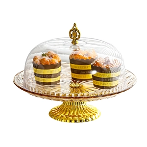European style clear plastic cake stand with golden metal base and handle cover