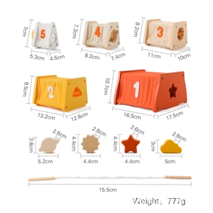Detailed dimensions of wooden nesting rocket toy boxes and shapes for early education