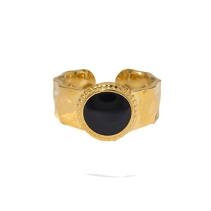 Vintage 18K gold-plated stainless steel adjustable ring with black enamel center inlay