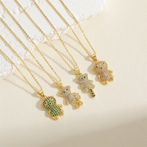 Chic bear zircon pendant necklaces in four colors on a gold chain for women