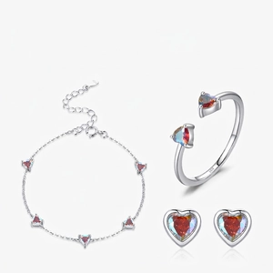 Gioielli Argento 925 Forma Cuore Zircone Aurora Anello Aperto Regolabile Bracciale Orecchini Lobo Moda Carino Per Donne
