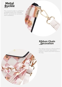Detail of pink plaid phone bag featuring polished golden hardware and ribbon chain