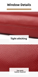 Close-up of premium red pebble grain leather with detailed precision stitching