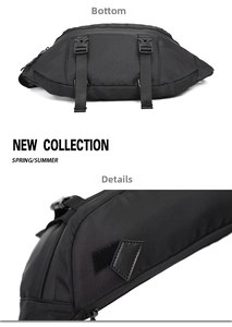 Detailed views of durable black nylon crossbody bag showing bottom and side buckle craftsmanship