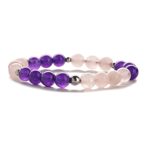 Bracelet élastique en améthyste naturelle et quartz rose avec des perles en argent