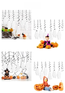Detail of hanging Halloween ghost decorations with black foil spirals for party decor