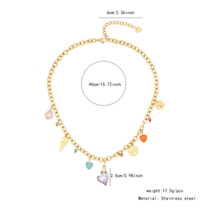 Detailed view of stainless steel necklace with pink heart crystal and dimensions info
