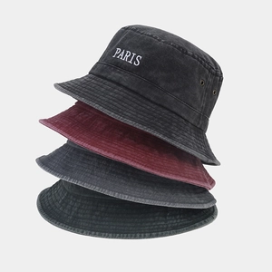 Washed cotton bucket hat with Paris embroidery in vintage charcoal and burgundy colors