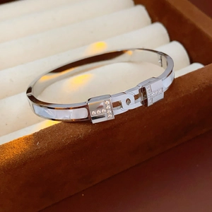 Macro shot of silver titanium bracelet with white mother-of-pearl and zircon details