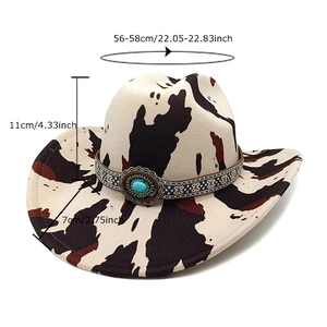Western cowboy hat with cow print and turquoise stone trim, showing size dimensions