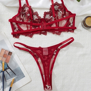 Detailed embroidery on red lace bra and thong set with floral mesh patterns
