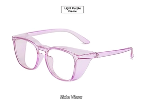 Detailed side view of light purple anti-pollen glasses with protective wide side wings