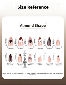 Size chart showing 12 sizes of almond-shaped press-on nails with tortoiseshell patterns
