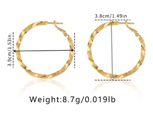 Detail of 18K gold plated hoop earrings showing 3.8cm diameter and 8.7g weight