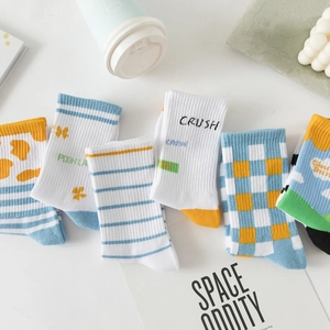 Breathable cotton mid-calf socks for women featuring cute Japanese school style patterns
