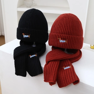 Kids winter knitted beanie and scarf set featuring cute dachshund dog embroidery