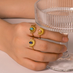 Bohemian Sunburst Open Adjustable Ring 18K Gold Plated Stainless Steel Oval Stone Inlay French INS Style Jewelry Women