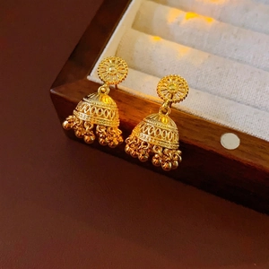 Gold plated vintage ethnic Jhumka bell earrings with delicate tassel detail