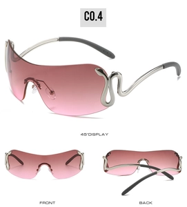 Three-view display of snake-shaped metal sunglasses with pink gradient lenses