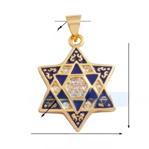 Detailed view of an 18mm gold star pendant with blue enamel and sparkling zircons
