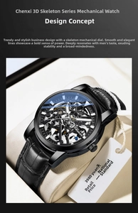 Detail of 3D skeleton mechanical watch with black leather strap and exhibition case