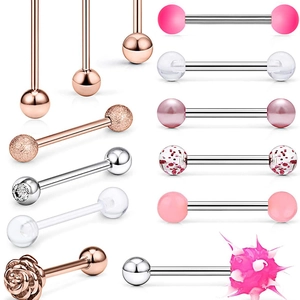 Mixed set of 14 stainless steel tongue rings in rose gold, silver and pink styles
