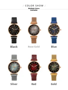 Detailed grid view of six colored women's quartz watches with magnetic mesh straps