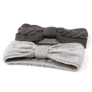 Winter knitted bow headband with fleece lining in light and dark grey colors