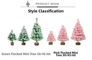 Mini flocked Christmas trees with wood base in green and pink colors, sizes 30, 45, 60cm