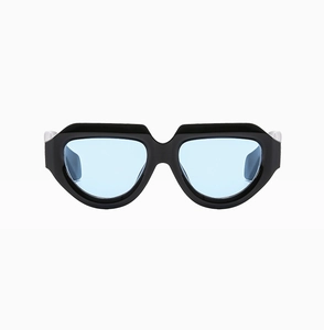 Front view of irregular retro sunglasses with thick black frame and light blue lenses
