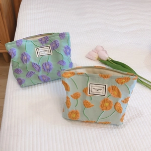 Floral Embossed Jacquard Fabric Cosmetic Bag Large Capacity Travel Makeup Organizer Pouch Women Cotton Canvas Clutch