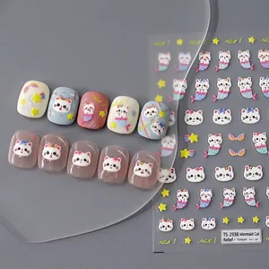 3D Embossed Nail Art Stickers Cartoon Mermaid Cat PET Self Adhesive DIY Manicure Decoration Cute Style