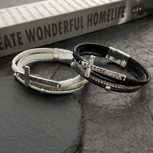 Bohemian multilayer leather bracelets with cross charms and magnetic clasps for couple