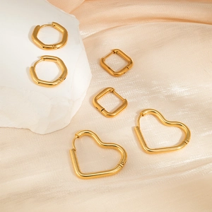 Boucles d'oreilles créoles en acier doré 18K formes hexagone carré et coeur