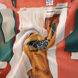 Macro shot of fabric detail showing vintage European architecture print with number 51