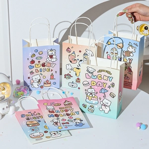 Detailed view of colorful cartoon animal kraft paper gift bags with gradient designs