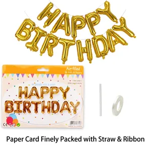 Golden 16-inch HAPPY BIRTHDAY foil balloon set with ribbon and straw for party decor