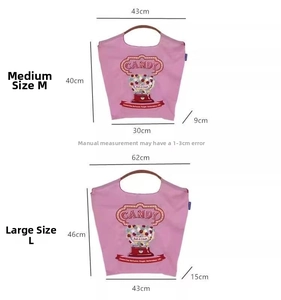 Detailed size chart showing Medium and Large nylon tote bag dimensions in centimeters