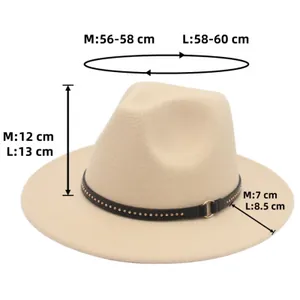 Detailed size chart for wool fedora hat with brim width and crown height measurements
