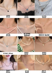Collage of baroque pearl necklaces with heart and butterfly pendants in gold and silver