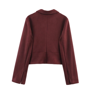 Back view of a cropped burgundy faux suede jacket for women with lapel collar