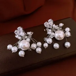 Exquisite pearl heart earrings with zircon accents and silver needle posts for women