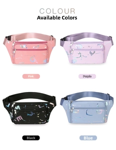 Detail of colorful oxford fanny packs with multi-compartments and adjustable straps